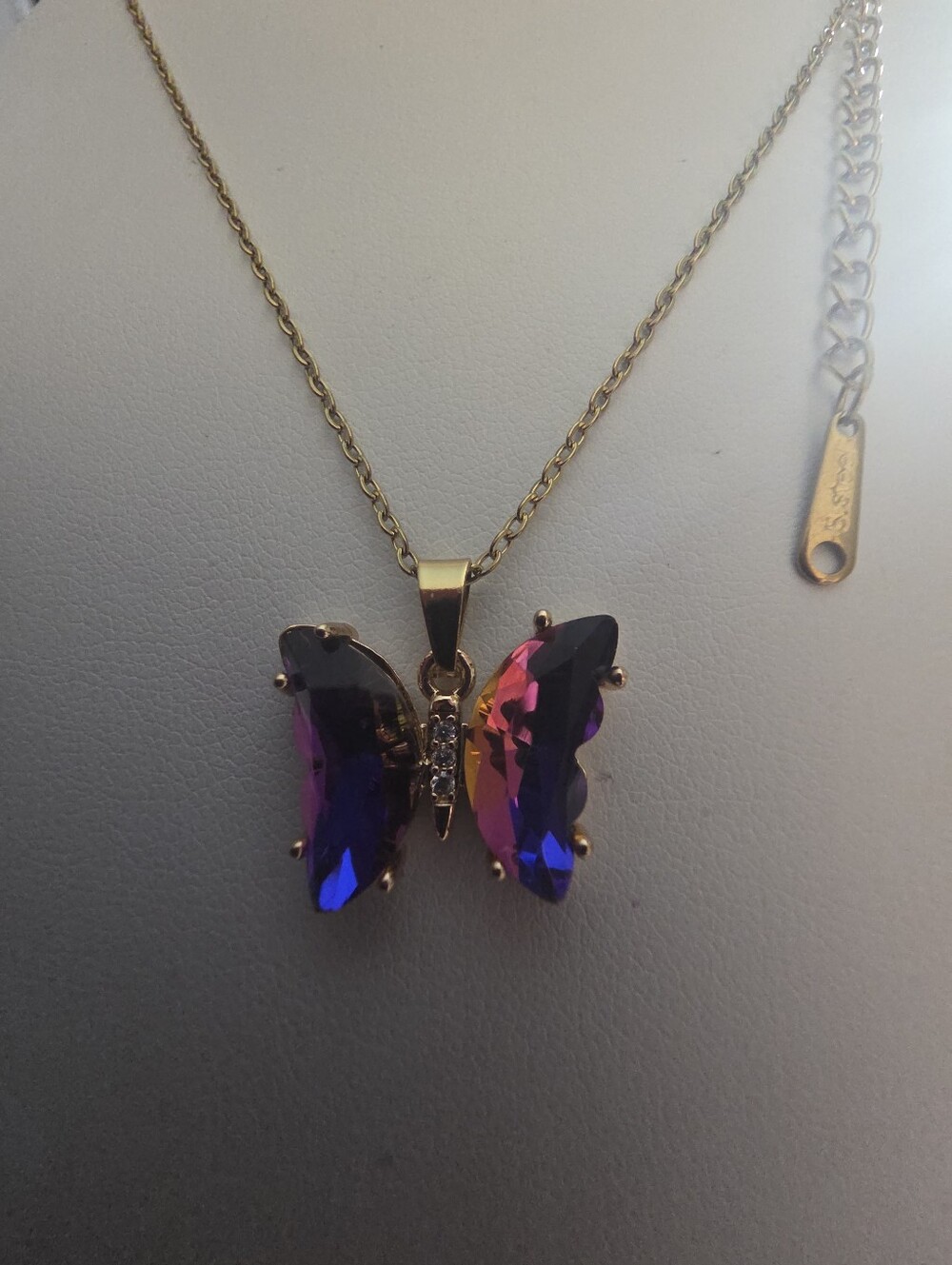 Purple Swarovski Crystal Butterfly Necklace Gold Tone